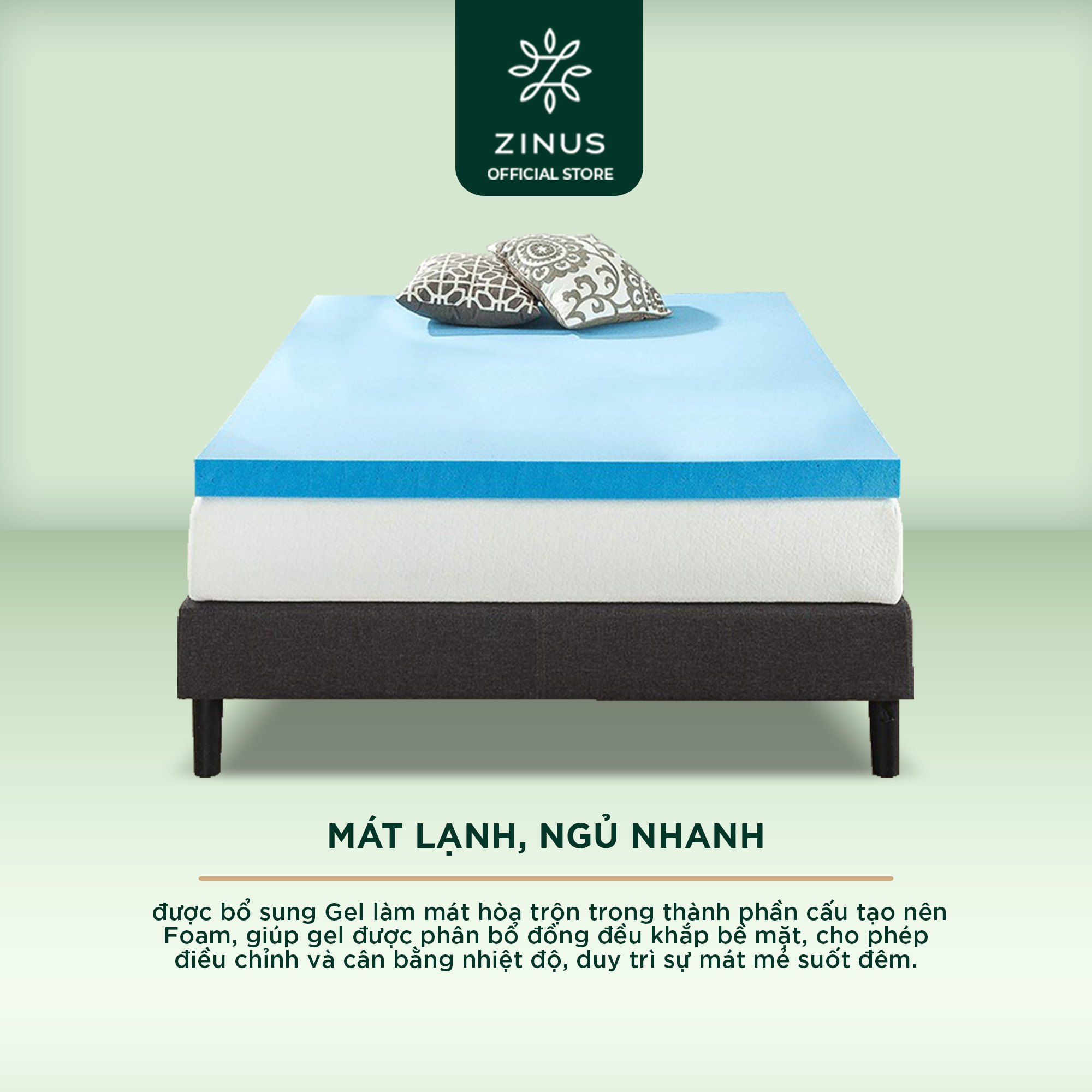 Topper Tấm Tiện Nghi Làm Mềm Nệm Gel Mát Cao Cấp Zinus - Gel Memory Foam Mattress Topper with Cover 160x200*7.5cm