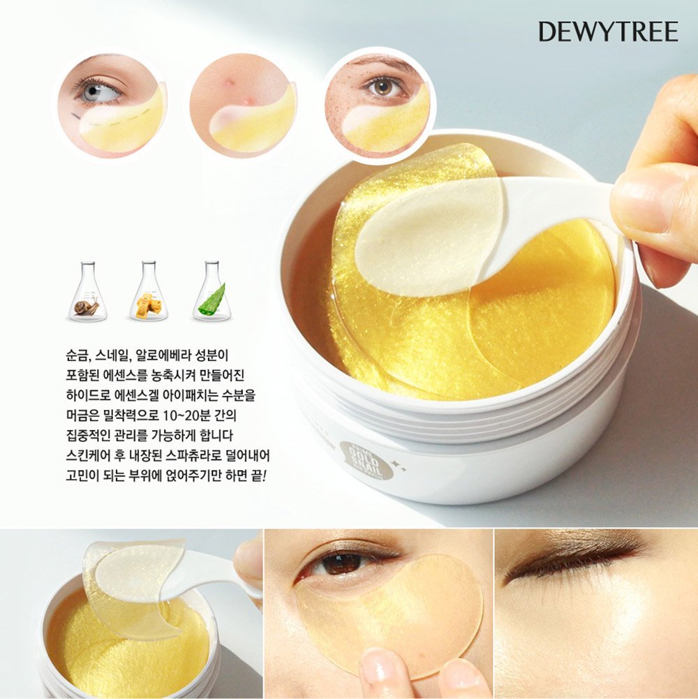 Hộp 60 Miếng Mặt nạ giảm quầng thâm và nếp nhăn vùng da mắt Dewy Tree Prime Gold Snail Eye Patch + Tặng Kèm 1 Băng đô nhung tai mèo xinh xắn (màu ngẫu nhiên)