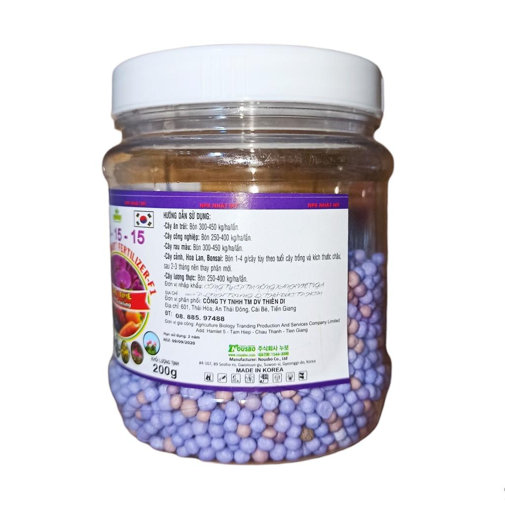 Phân tan chậm thông minh Hàn Quốc NPK 15-15-15 - hủ 200 gram Cho phong Lan, cây kiểng