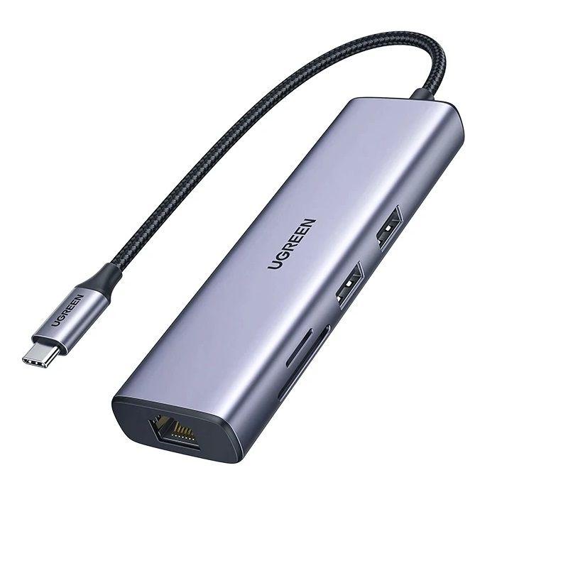 Ugreen UG90568CM512TK 4K30Hz Bộ chuyển 7in1 USB type C sang 2*USB3.0 + HDMI + RJ45 + SD &amp; TF + PD Converter - HÀNG CHÍNH HÃNG