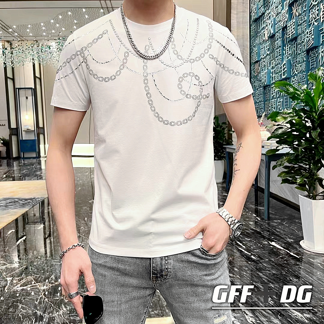 Áo thun nam ngắn tay cổ tròn TC với họa tiết dây mắc xích đính hạt độc đáo, phong cách trẻ trung, hợp thời trang-67A55