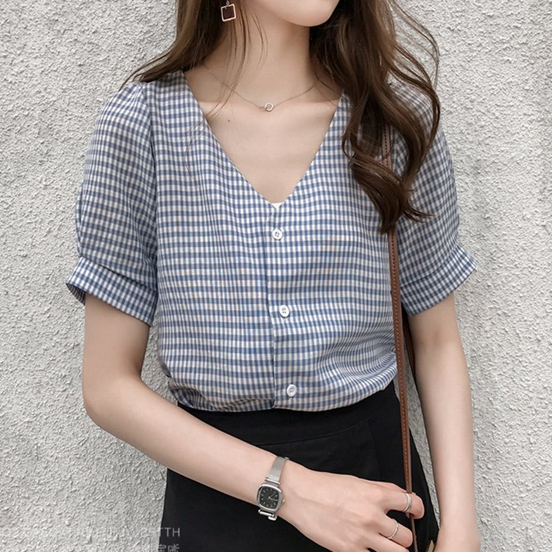 Áo Sơ Mi Nữ Đũi Việt Kẻ Caro xanh, Áo Nữ Công Sở Ngắn Tay Cổ Tim, Dáng Đẹp Kiểu Hàn Quốc Đũi Việt DV190