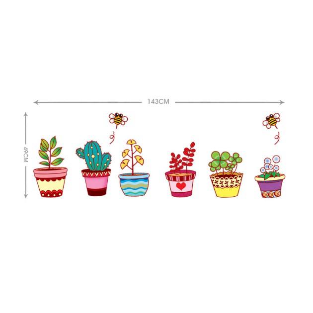 Decal trang trí tường - Nhiều Chậu Hoa Hoạt Hình Ong Vàng