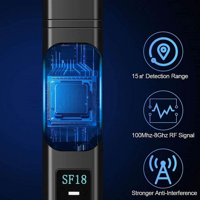 ROGTZ - RF Detector SF18 Máy dò camera mini, máy ghi âm, tín hiệu vô tuyến, tín hiệu di động Dải tận rộng 100MHz - 8GHz  Khu vực dò rộng Độ nhạy cao  Pin trâu 5h Kích thước nhỏ gọn Đèn pin Báo động chế độ rung Văn phòng Khách sạn Nhà nghỉ Hàng Chính Hãng