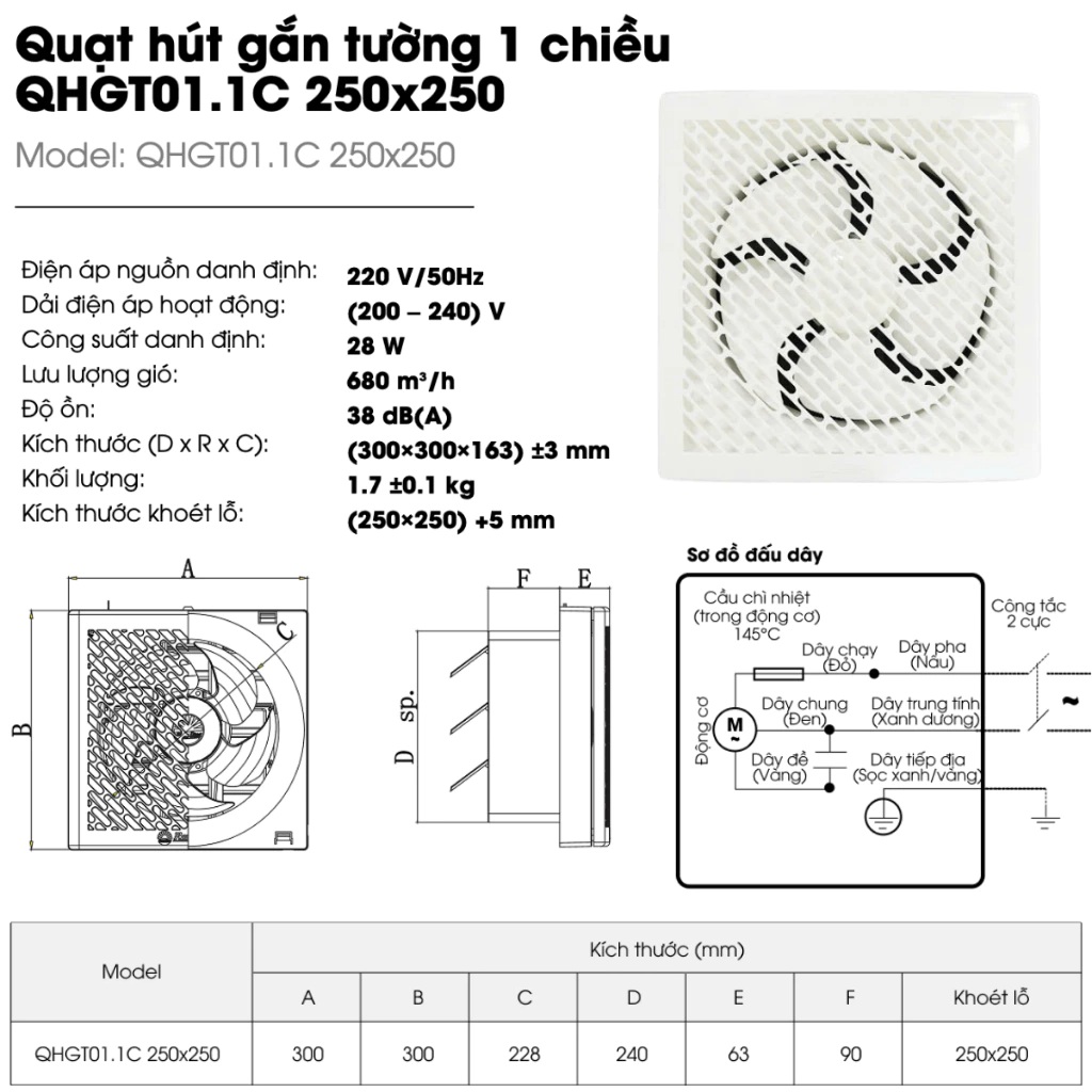 Quạt hút mùi thông gió gắn tường 1 chiều Rạng Đông QHGT01.1C cho nhà bếp, nhà tắm, phòng ngủ - Hàng chính hãng