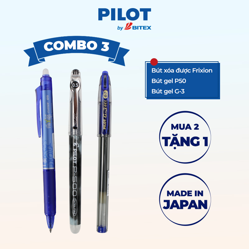 Combo Pilot 03 : Bút xóa được mực xanh, Bút gel G-3 mực xanh, Bút gel P50 mực xanh