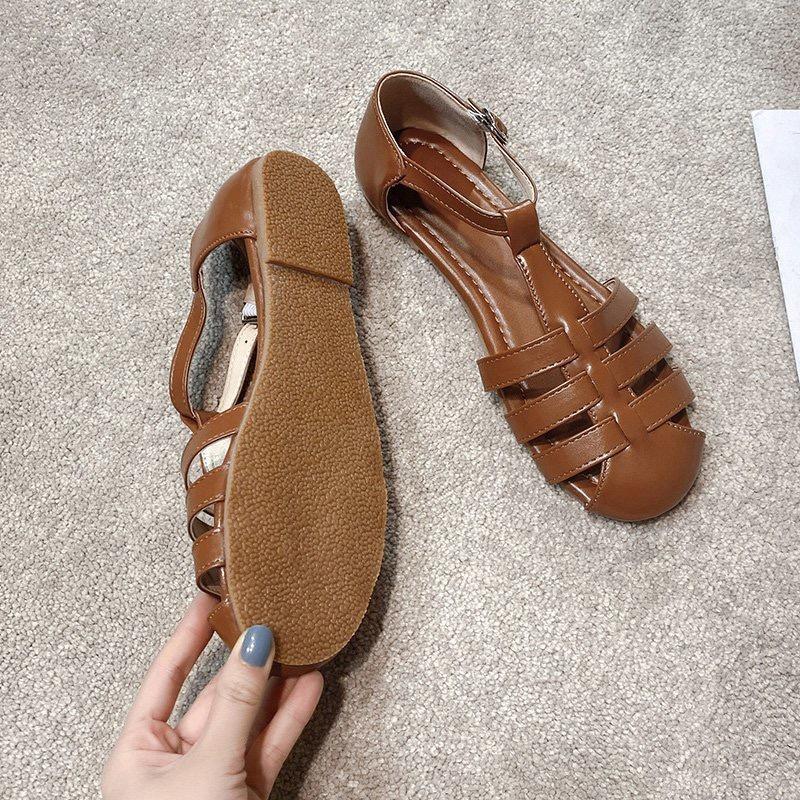 MS194 Sandal đế bằng quai đan da PU phong cách vintage