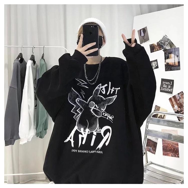 Áo Sweater Tay Dài Cổ Tròn Dáng Rộng In Họa Tiết Hoạt Hình Phong Cách Hip Hop