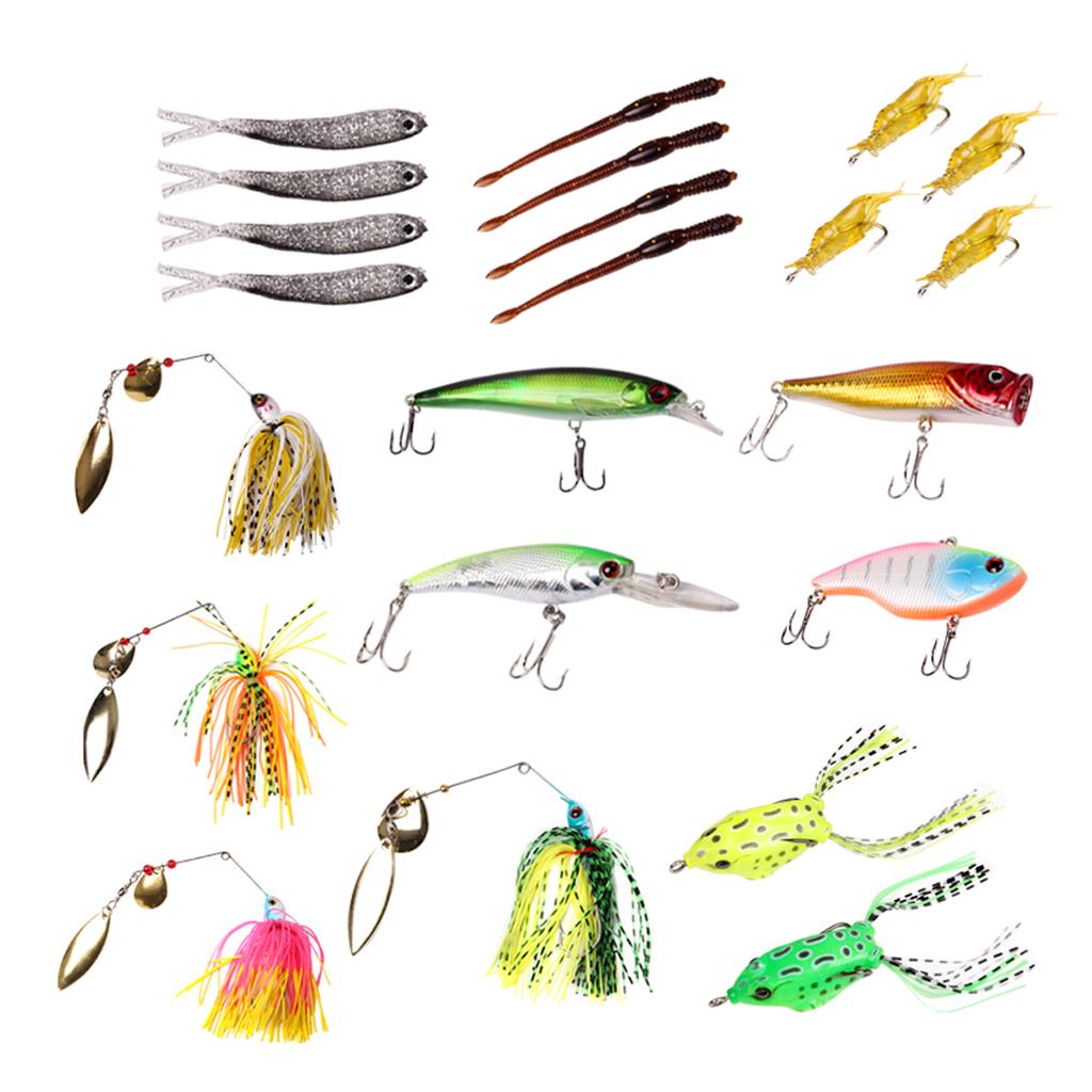 22pcs Fishing Lures Kit Soft Hard Baits Bass Popper Shrimp Minnow VIB Bait with Box for Freshwater Saltwater