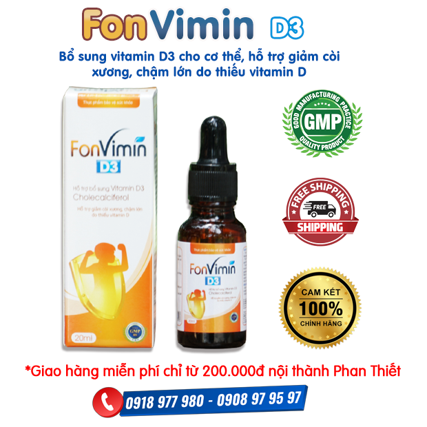 FONVIMIN D3 - Bổ sung vitamin D3 cho cơ thể hỗ trợ giảm tình trạng thiếu vitamin D Hỗ trợ giảm còi xương, chậm lớn do thiếu vitamin D.