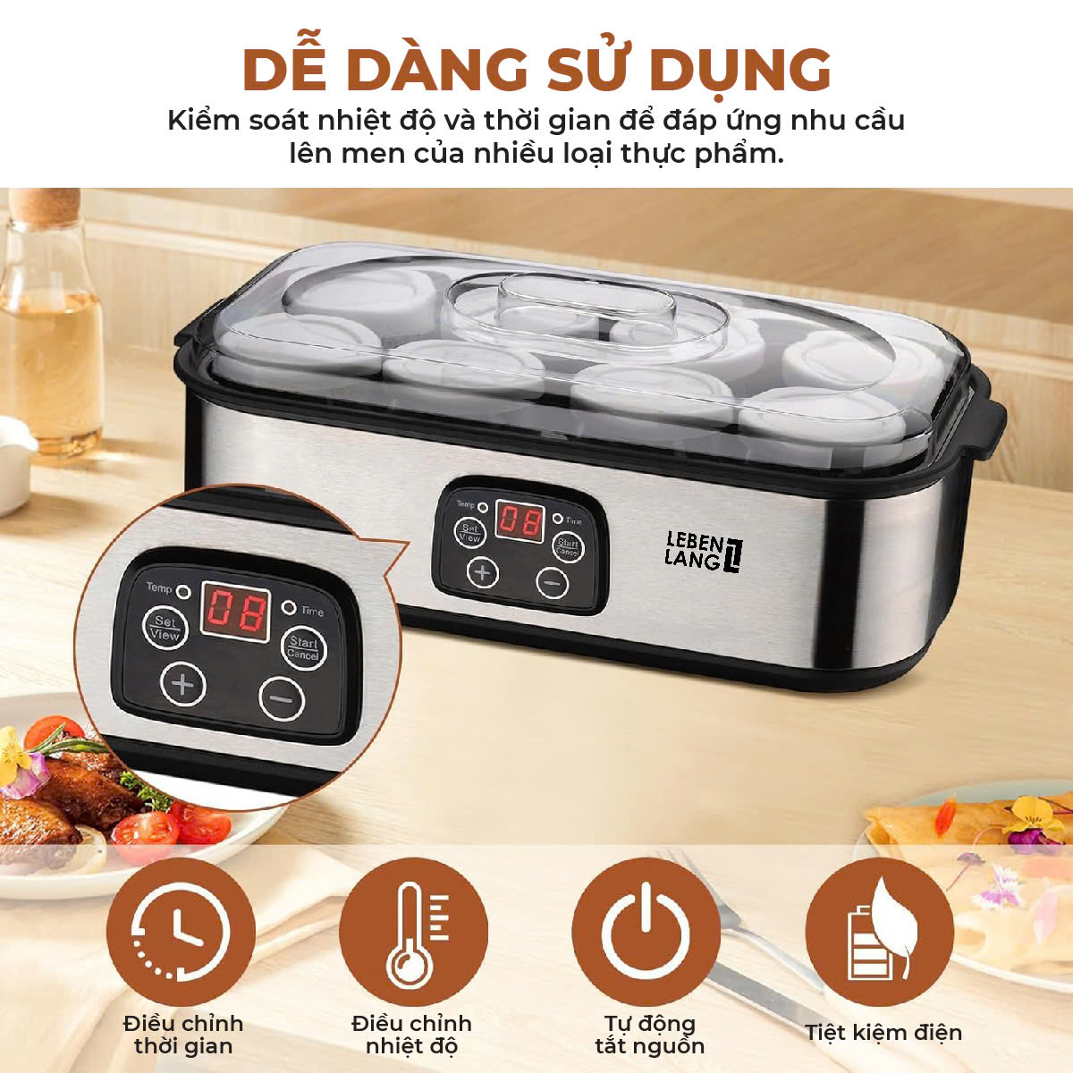 Máy Làm Sữa Chua Lebenlang LBL9140, 8 Hũ Thủy Tinh 180ml, Điều Chỉnh Nhiệt Độ & Thời Gian, 20W, Tự Ngắt, bảo hành 2 năm - hàng chính hãng