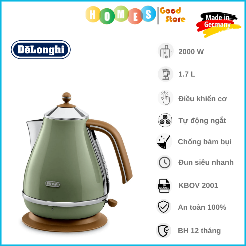 Ấm Siêu Tốc DELONGHI KBOV 2001 GR Cổ Điển Sang Trọng, Nhập Khẩu Đức, Dung Tích 1.7L, Đun Siêu Nhanh Công Suất 2000 W - Hàng Nhập Khẩu