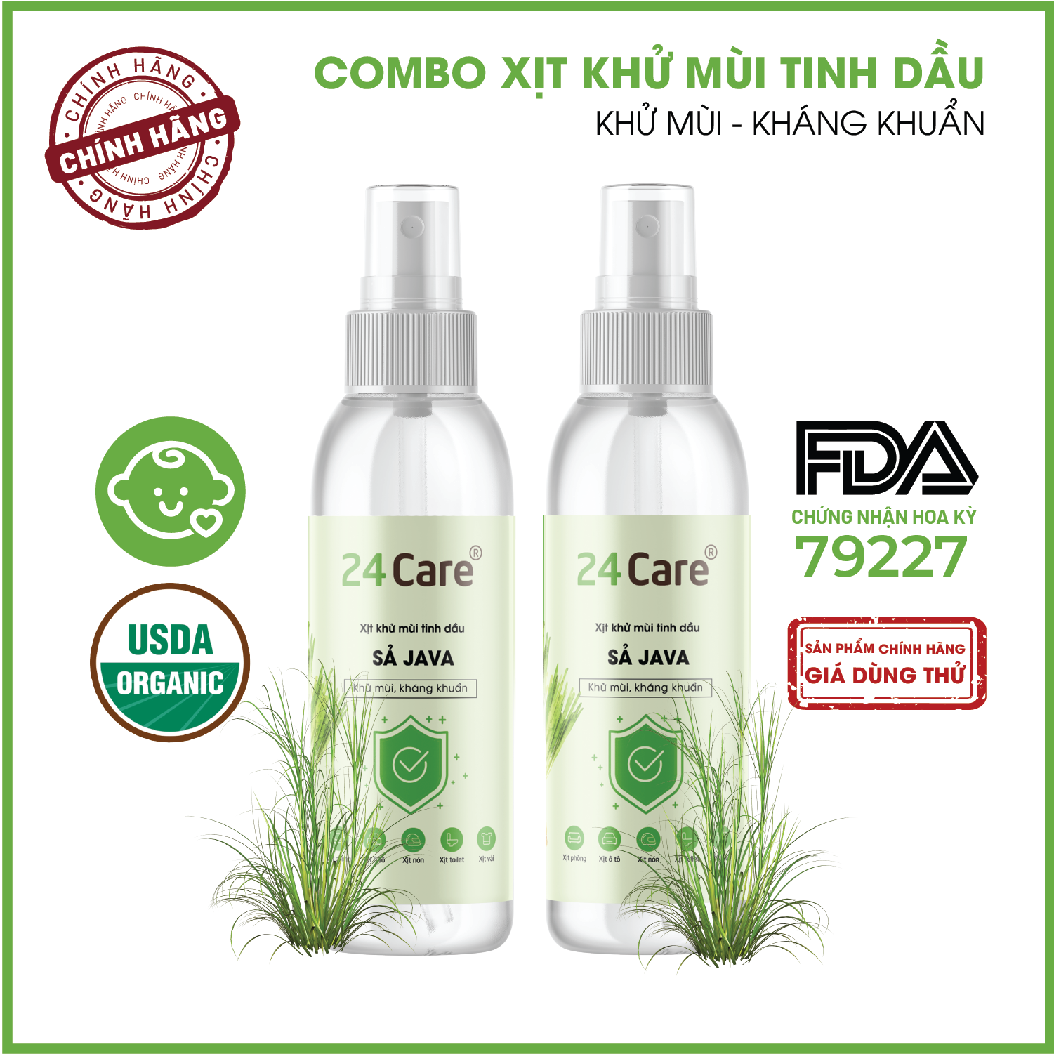 Combo 2 chai Xịt Phòng Tinh Dầu Sả JaVa Hữu Cơ Organic 24Care 100ML/Chai - Kháng khuẩn - Khử mùi hôi - Đuổi muỗi, côn trùng.