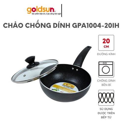 Chảo chống dính sâu lòng cao cấp mini, chảo chiên xào rán đa năng vung kính Goldsun GPA1004-20IH đường kính 20cm - Hàng chính hãng Goldsun