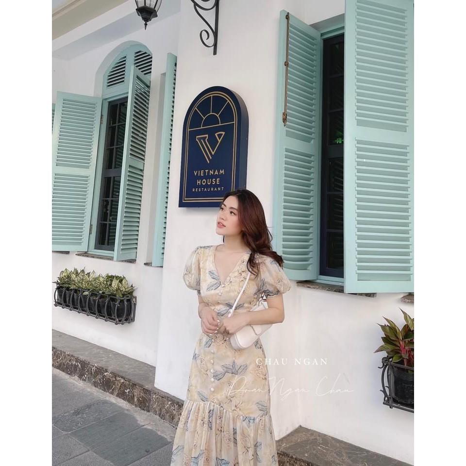 VÁY HOA TƠ CỔ V ĐUÔI CÁ CÚC BỌC
