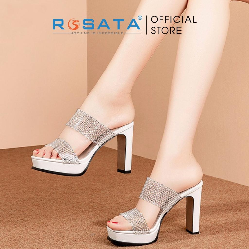 Giày sandal cao gót nữ ROSATA RO507 xỏ ngón mũi vuông quai ngang lưới gót nhọn cao 8cm xuất xứ Việt Nam - Trắng