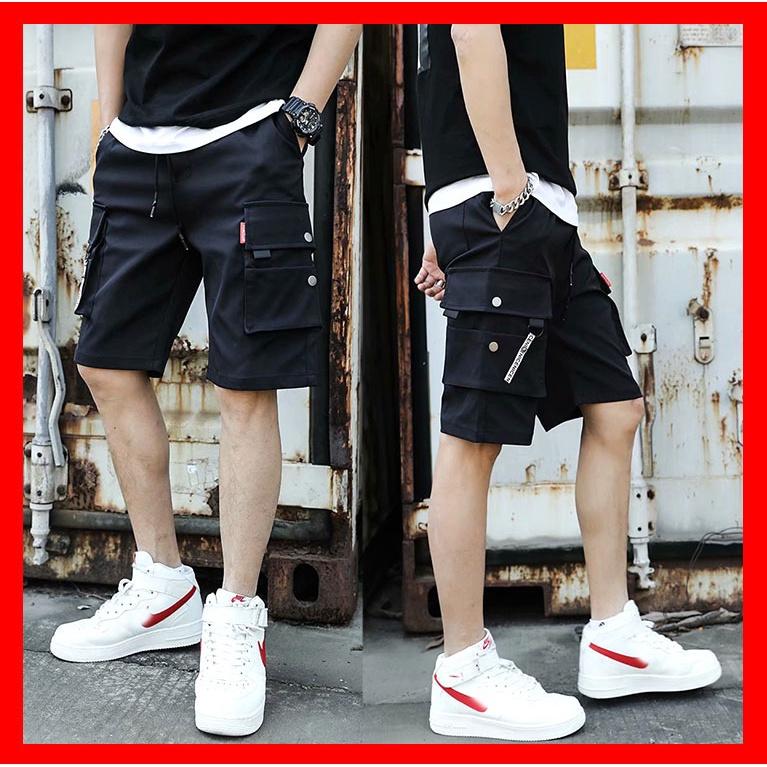 Quần Short Kaki Túi Hộp khóa dây nai nam - Sọt Lững Kiểu Dáng Thể Thao Unisex một Màu Đen 04x.