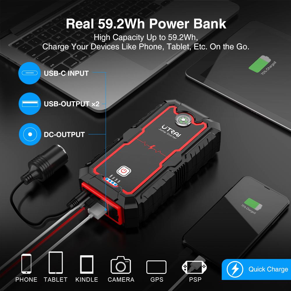 Utrai Power Bank 2000a Jump Starter Bộ sạc di động Booster 12V Khởi động tự động Thiết bị khởi động xe hơi khẩn cấp