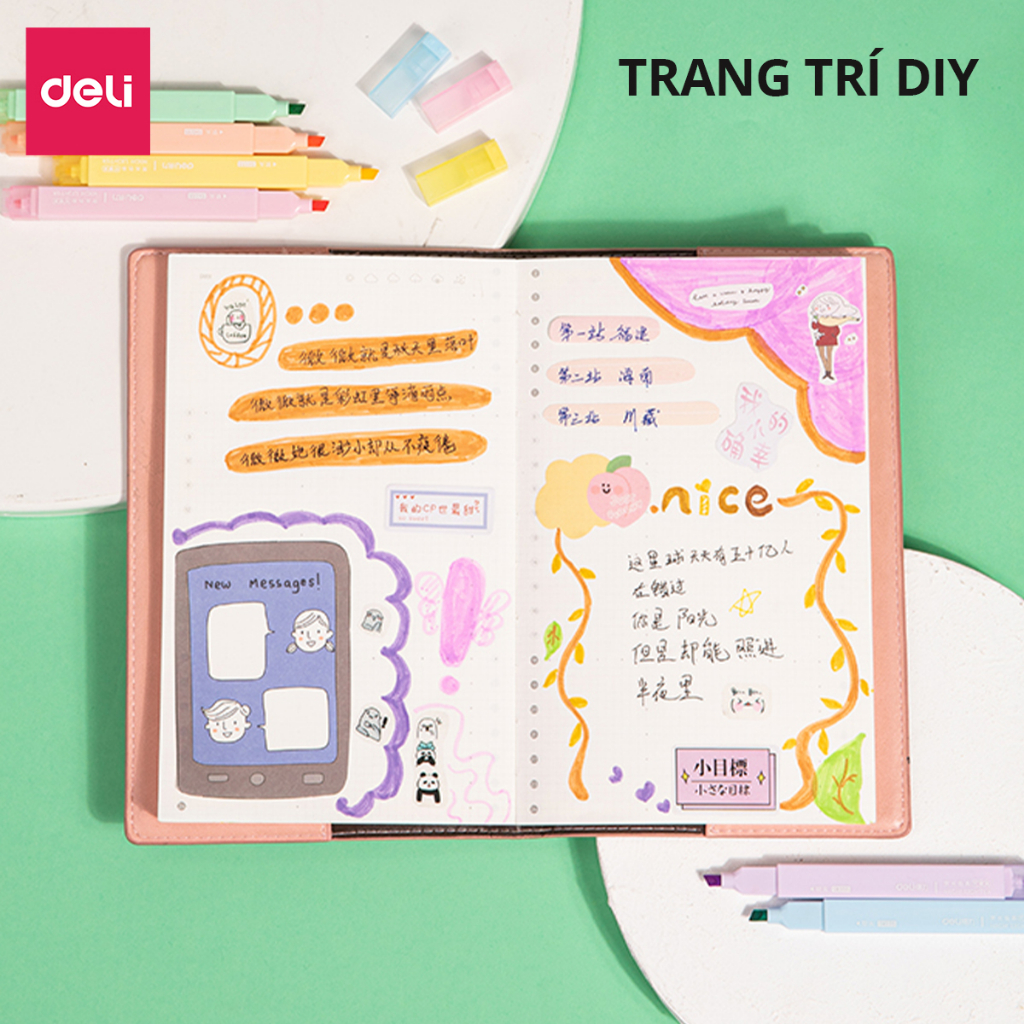 Set 6 bút highlight 2 đầu Bút nhớ dòng Bút đánh dấu màu pastel tươi sáng Deli dạ quang cho học sinh văn phòng tặng sticker