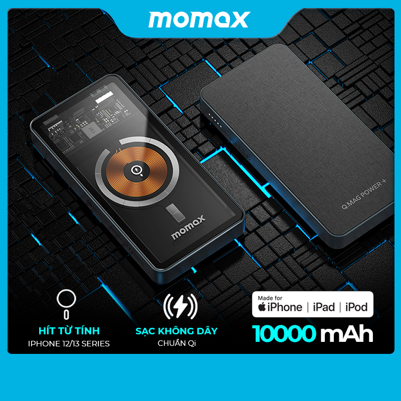 Sạc Dự Phòng Không Dây Hít Từ Tính 10.000 mAh Momax IP100 – Cổng Sạc Lightning chứng chỉ MFi - Hàng chính hãng