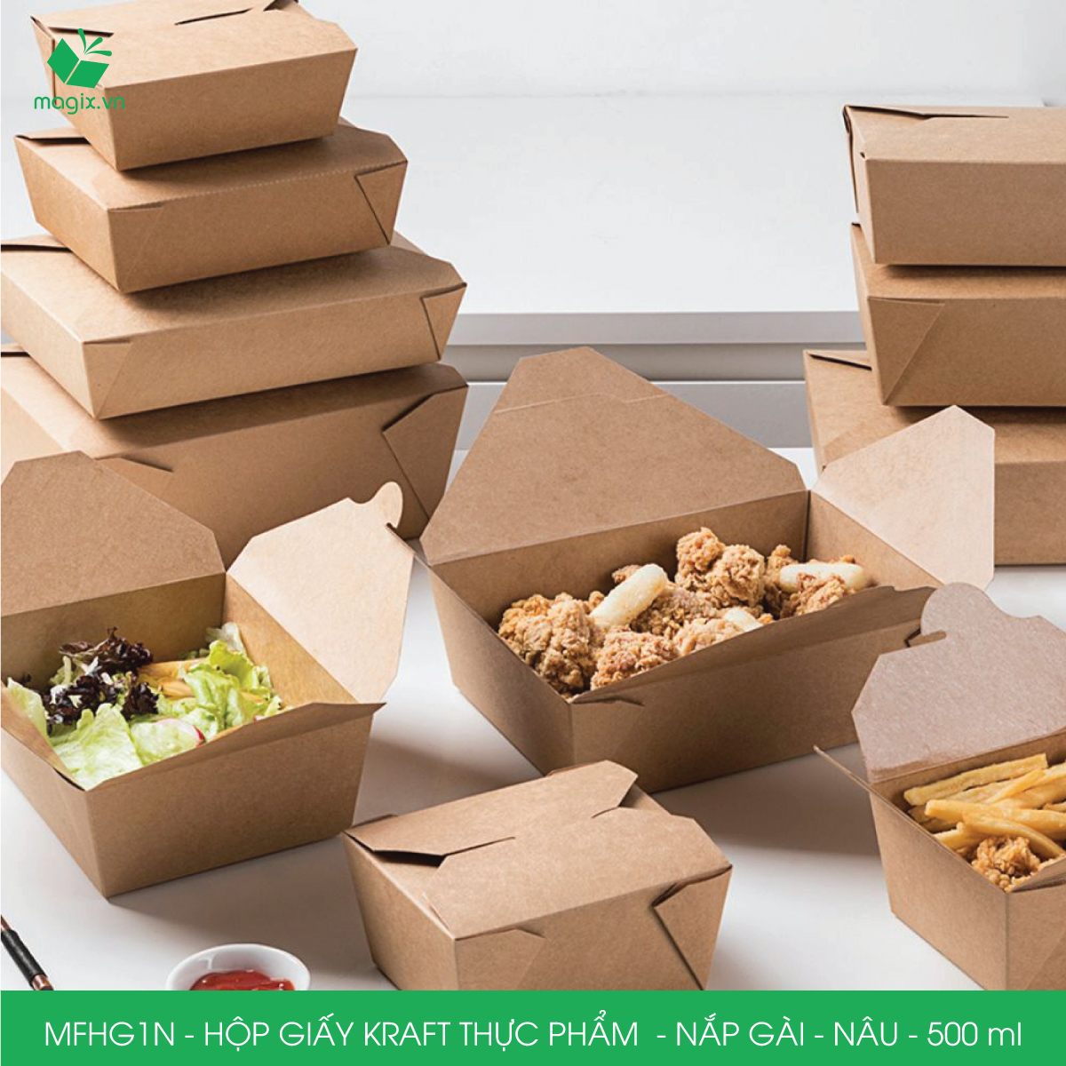 MFHG1N - 100 hộp giấy kraft thực phẩm 500ml, hộp giấy nắp gập màu nâu đựng thức ăn, hộp giấy nắp gài gói đồ ăn mang đi 