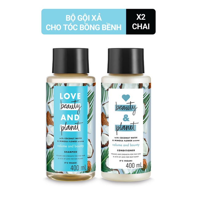 Combo Dầu gội và Dầu xả LOVE BEAUTY &amp; PLANET Phục hồi hư tổn với 100% dầu dừa organic và hương hoa ngọc lan tây 400ml