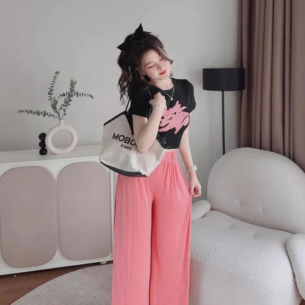 Bộ Áo Croptop READY Kèm Quần Culottes Ống Rộng Cạp Cao