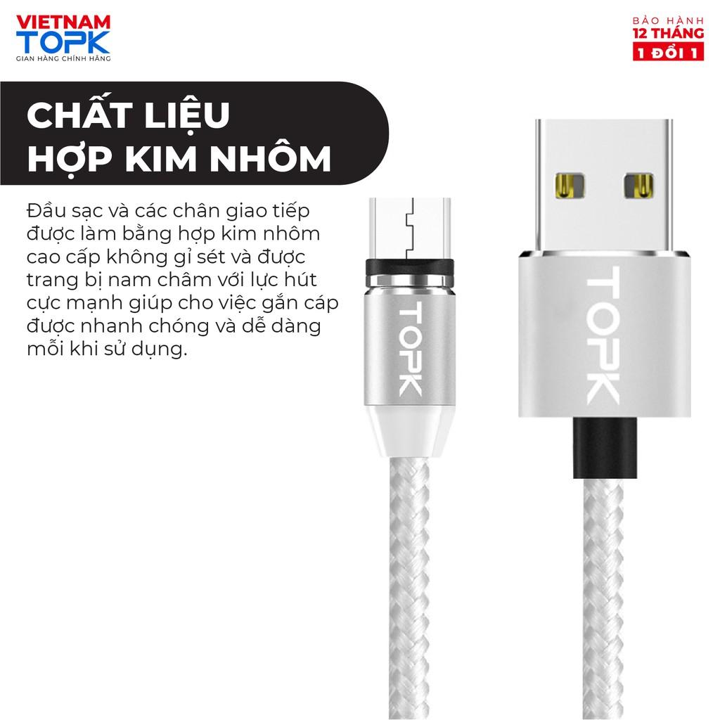 Dây sạc nam châm iPhone Type-C Micro USB TOPK AM23 Vỏ bện nylon dài 1-2m - Đèn LED - Hàng chính hãng