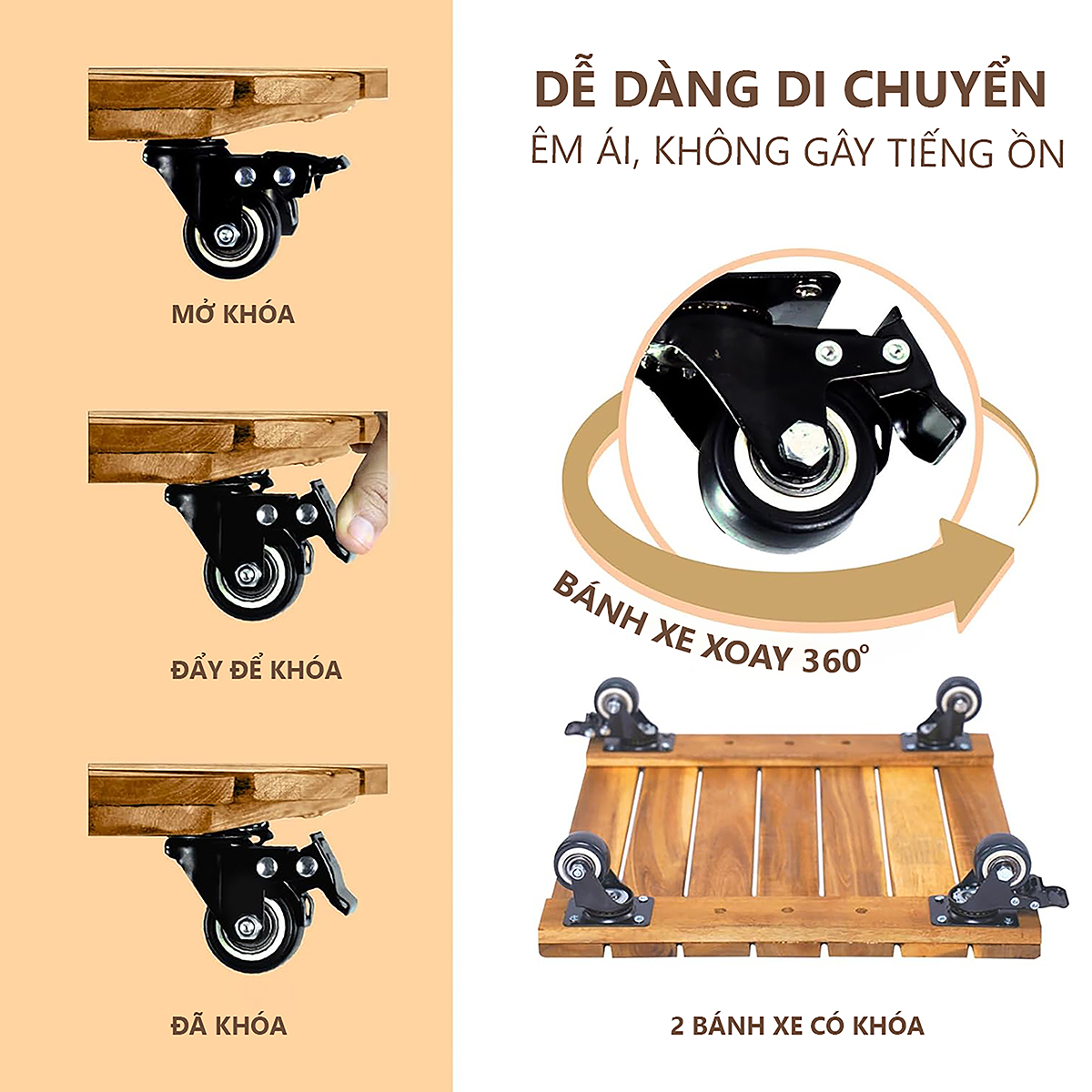 Đế Gỗ Di Chuyển Chậu Cây ANKAN 45x45cm - Bánh Xe 360 Độ Có Khóa, Gỗ Tự Nhiên Chịu Lực Tốt