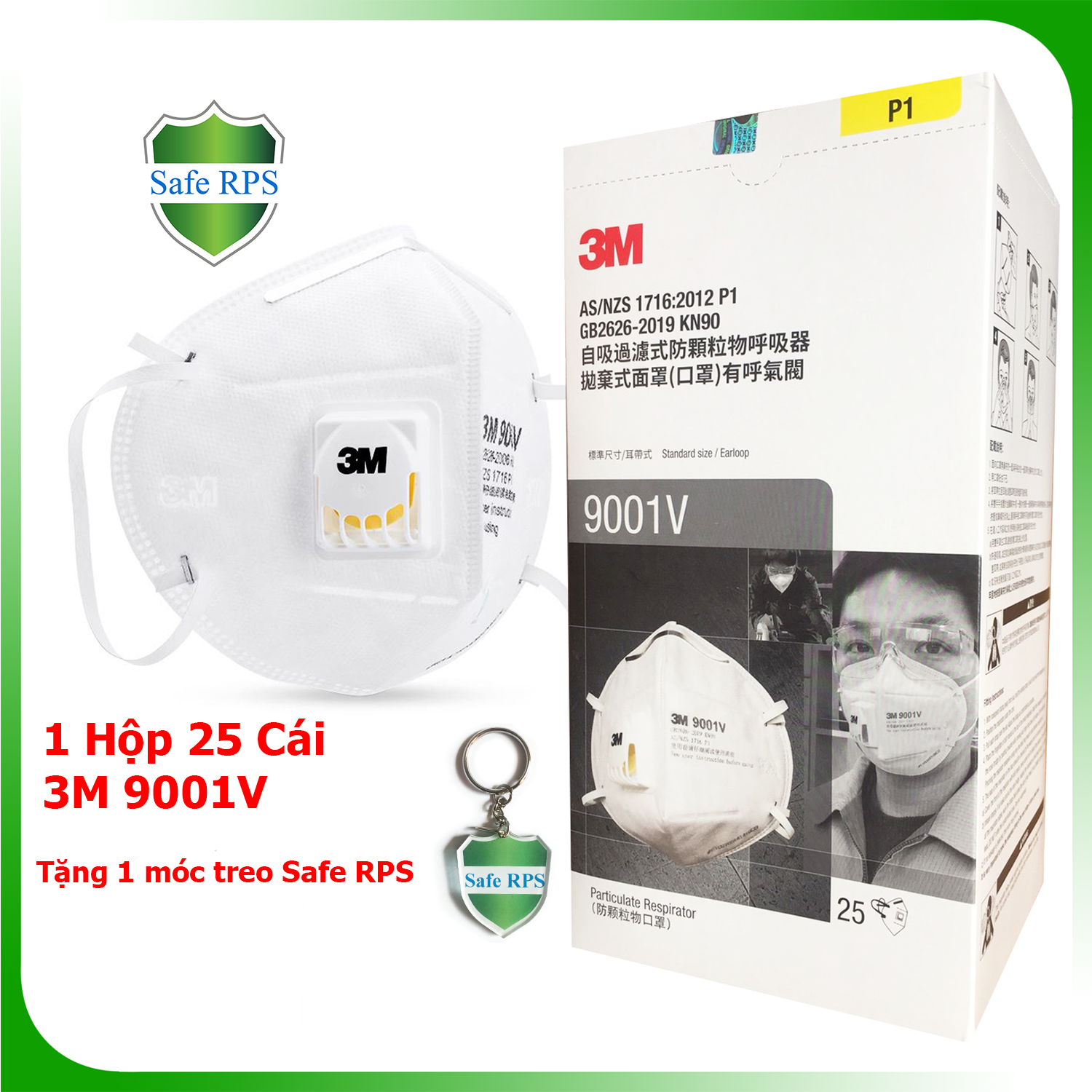 Khẩu trang bảo hộ lao động 3M 9001V có van thở , chống bụi siêu mịn PM2.5 , kháng khuẩn , màu trắng , 25 cái/hộp , theo tiêu chuẩn : AS/NZS P2, EN 143:2000 , tặng móc treo khóa