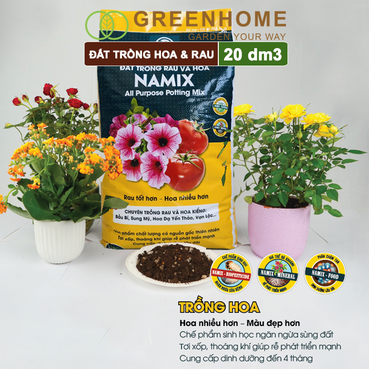 Đất trồng hoa và rau Namix, bao 20dm3 (12kg), hữu cơ, dùng ngay không cần bổ sung thêm phân bón |Greenhome