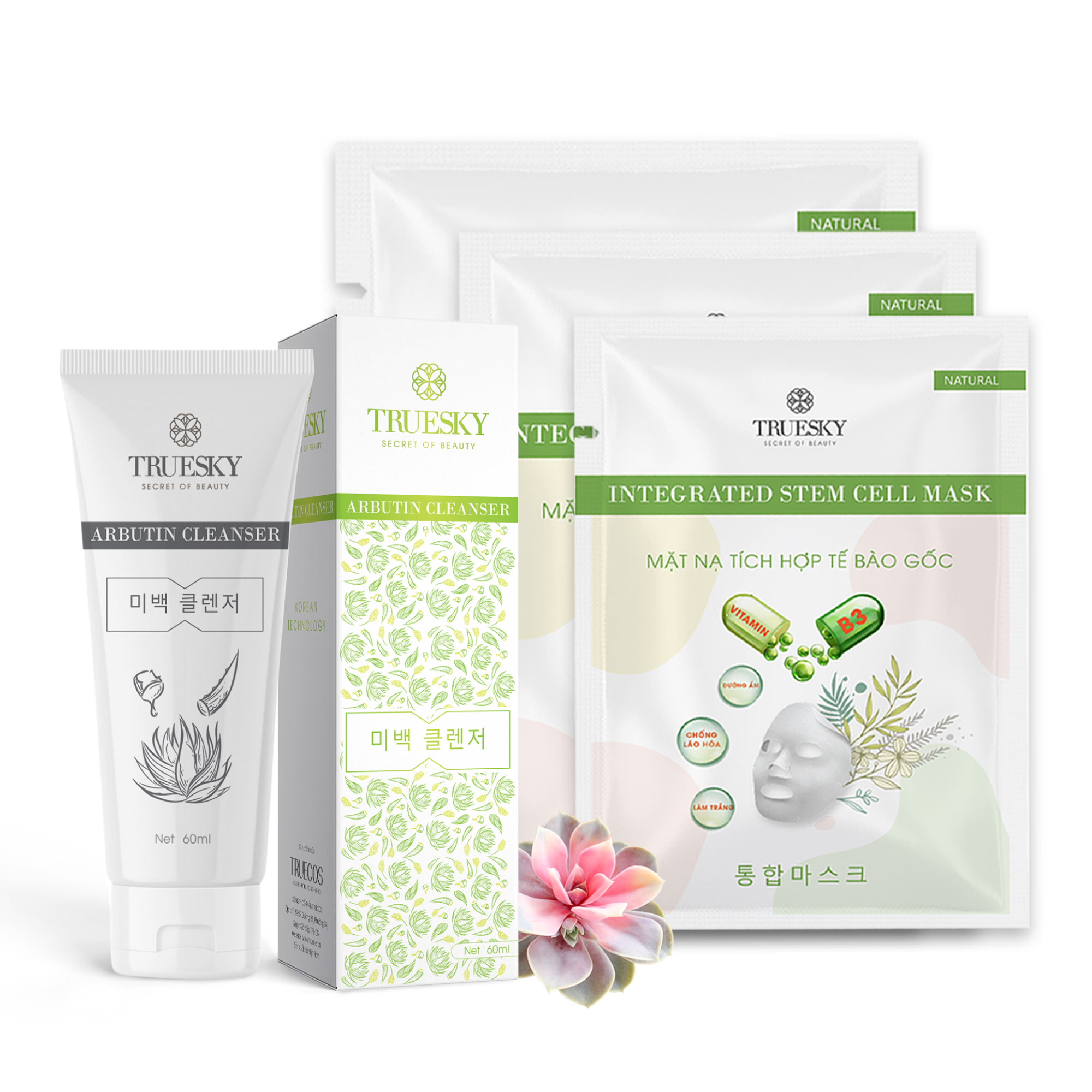 Bộ sản phẩm trắng da mặt M03 gồm 1 sữa rửa mặt nha đam 60ml + 3 miếng mặt nạ tế bào gốc Truesky