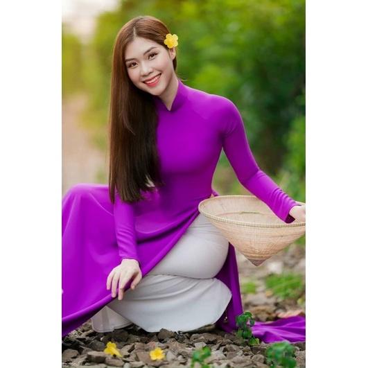 Áo dài trơn tím kèm quần lụa mỹ cao cấp