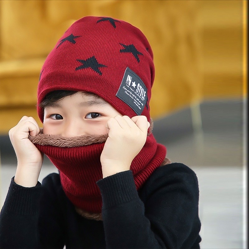 Mũ len ngôi sao kèm khăn ống quàng cổ giữ ấm cho bé trai và bé gái từ 3 - 7 tuổi
