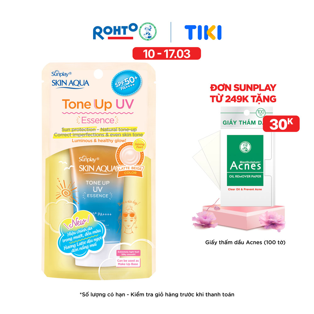 Kem chống nắng nâng tông Skin Aqua Tone up Latte Beige cho mọi tông da, dạng tinh chất Sunplay Skin Aqua Tone Up UV Essence Latte Beige SPF 50 PA 50g