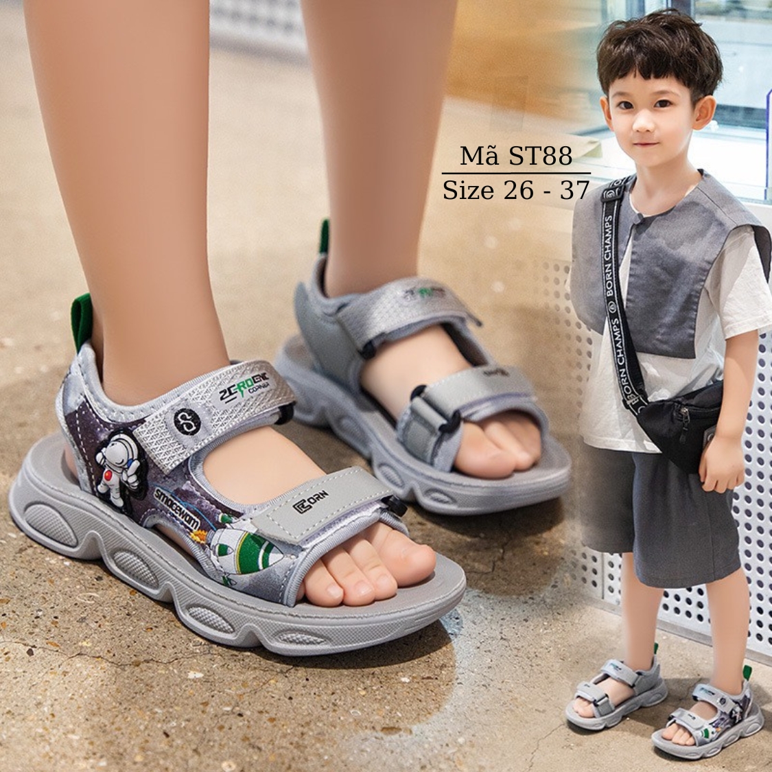 Dép sandal bé trai quai hậu in hình phi hành gia năng động cá tính cho trẻ em học sinh nam 3  -12 tuổi đi học đi biển phong cách Hàn Quốc ST88