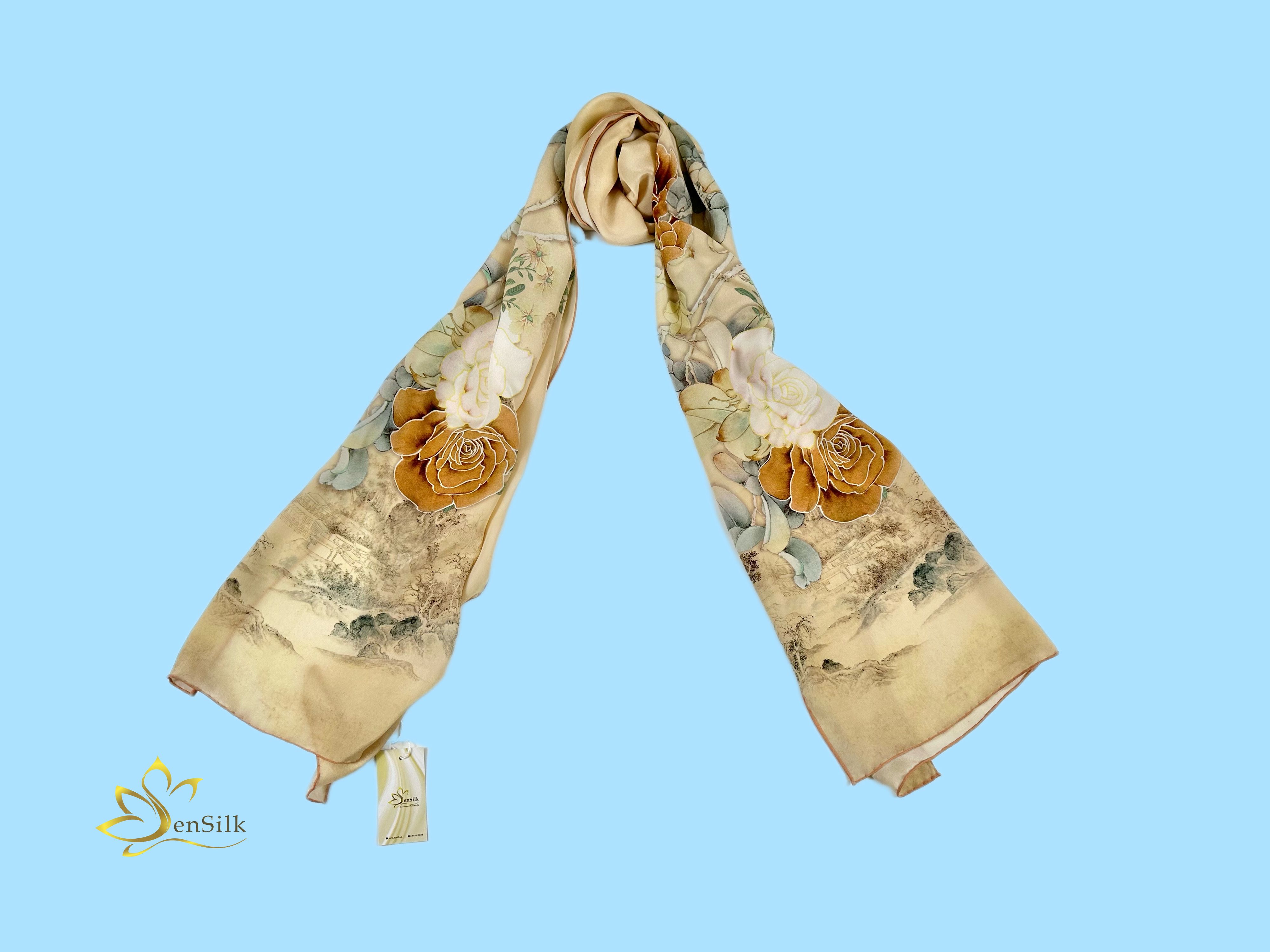 Khăn Lụa Cao Cấp in Kỹ Thuật Số Sen Silk KLDI02 Rose - Printed Silk Scarves - Quà Tặng Khách Nước Ngoài