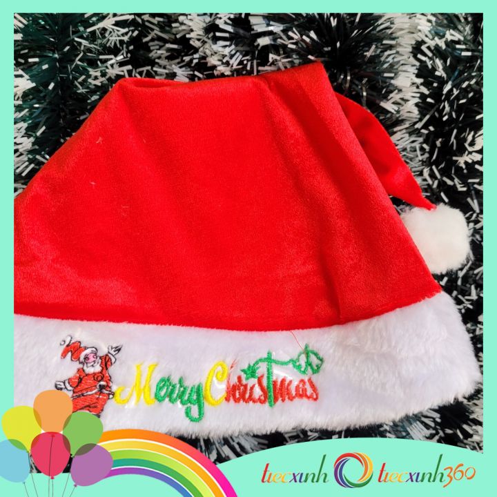 Nón Noel vải nhung viền thêu chữ Merry Christmas