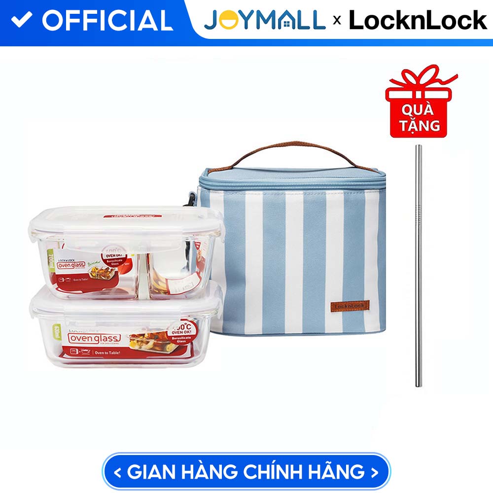 Bộ túi hộp cơm thủy tinh Lock&amp;Lock 3EA (LLG429Dx1,LLG428x1,BAG-HPL815SBLUx1) LLG428S2 - Hàng chính hãng, thủy tinh chịu nhiệt, dùng được trong lò vi sóng, máy rửa chén, nồi chiên không dầu, tặng kèm ống hút inox