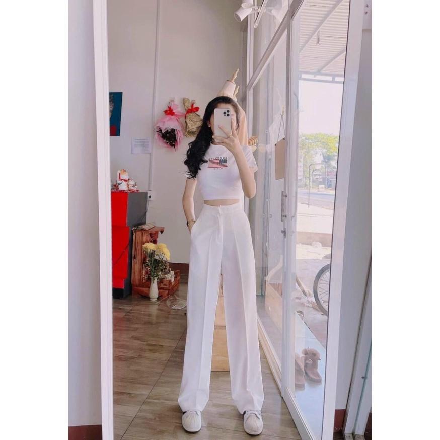 Quần Ống Rộng Suông lưng cao khóa trước 1 khuy chất tuyết mưa khuy giữa quần culottes ống xuông cạp cao cho nữ