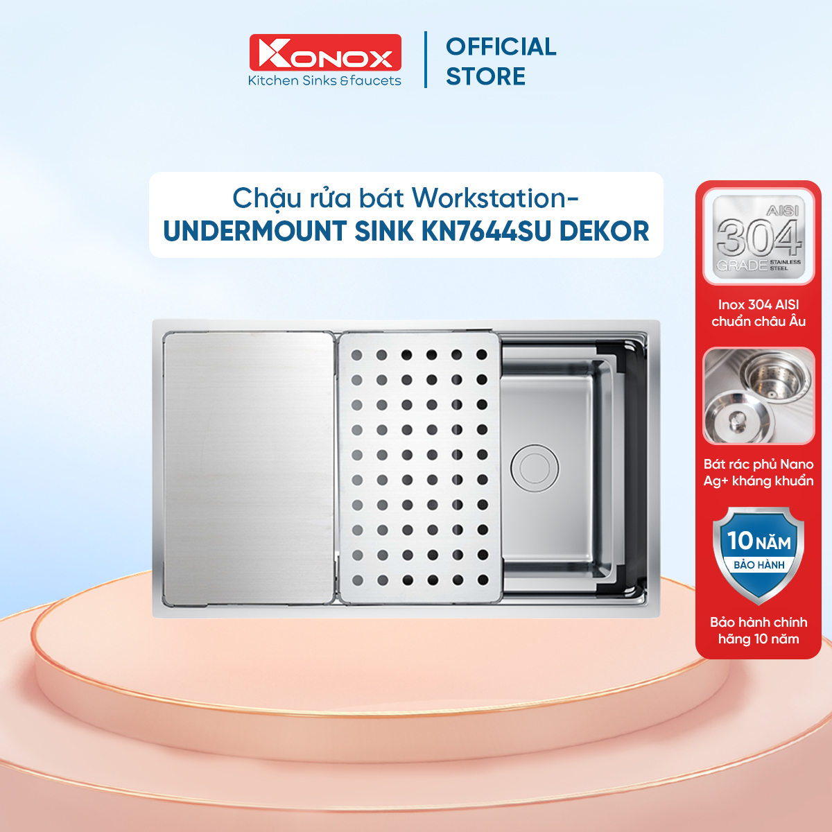 Chậu rửa bát chống xước KONOX Workstation – Undermount Sink KN7644SU Dekor - Bảo hành chính hãng 10 năm