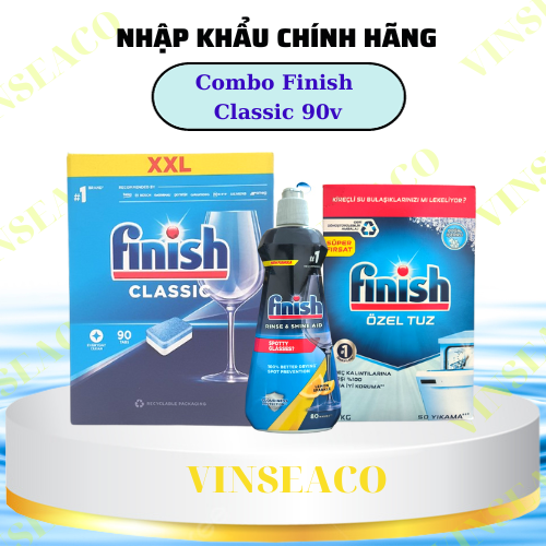 Combo: Viên rửa Finish Classic 100 viên + Muối Finish 1.2kg + Nước làm bóng Finish 400ml