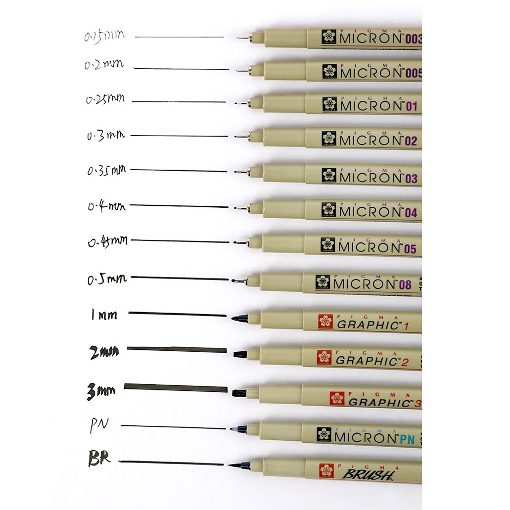 Bút line viền Micron set 13 cây đầy đủ các cỡ ngòi kèm túi vải đựng