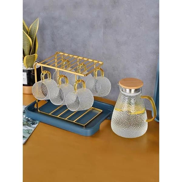 BỘ BÌNH 6 CỐC THUỶ TINH VÂN NHÁM QUAI VÀNG KÈM GIÁ TREO VÀ KHAY XANH CAO CẤP