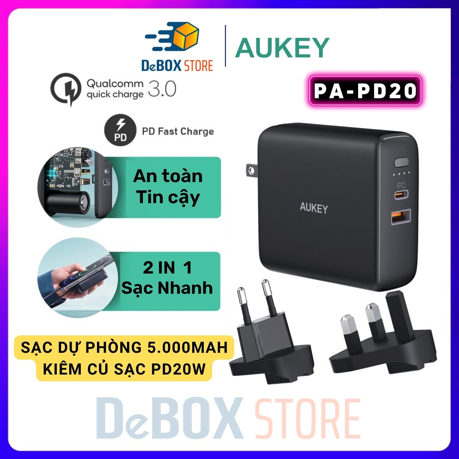 Củ Sạc Kiêm Sạc dự phòng AUKEY PA-PD20 dung lượng 5000mAh, Sạc nhanh 20W tích hợp - Hàng Chính Hãng