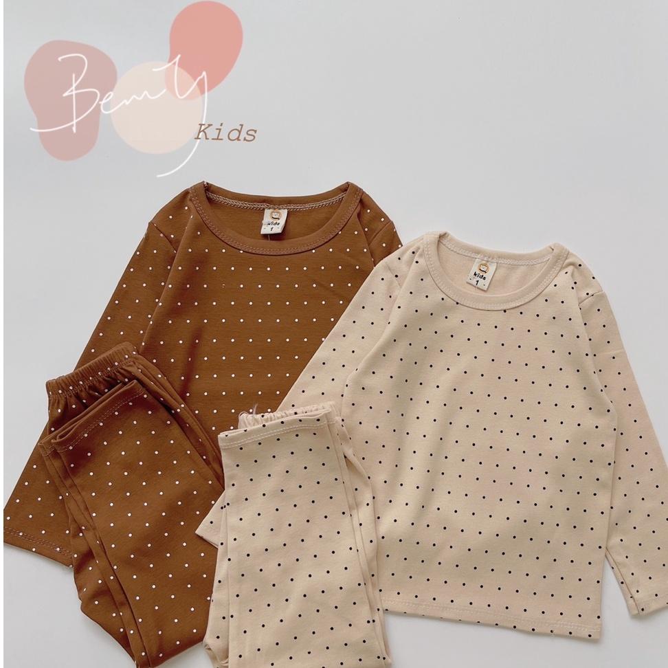 Bộ dài tay cotton cho bé trai và bé gái họa tiết chấm bi nhiều màu sắc, kiểu dáng basic, size từ 6 đến 15 kg