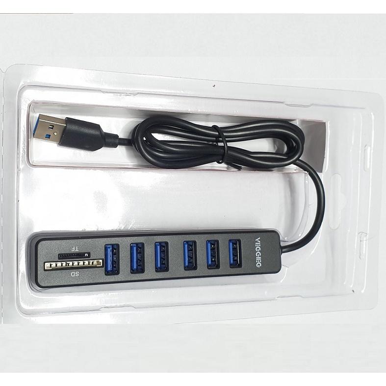 Hub VEGGIEG 8 in 1 Chia 6 Cổng Usb 2.0 Tích Hợp Đầu Đọc Thẻ Nhớ SD / TF - Hàng Chính Hãng