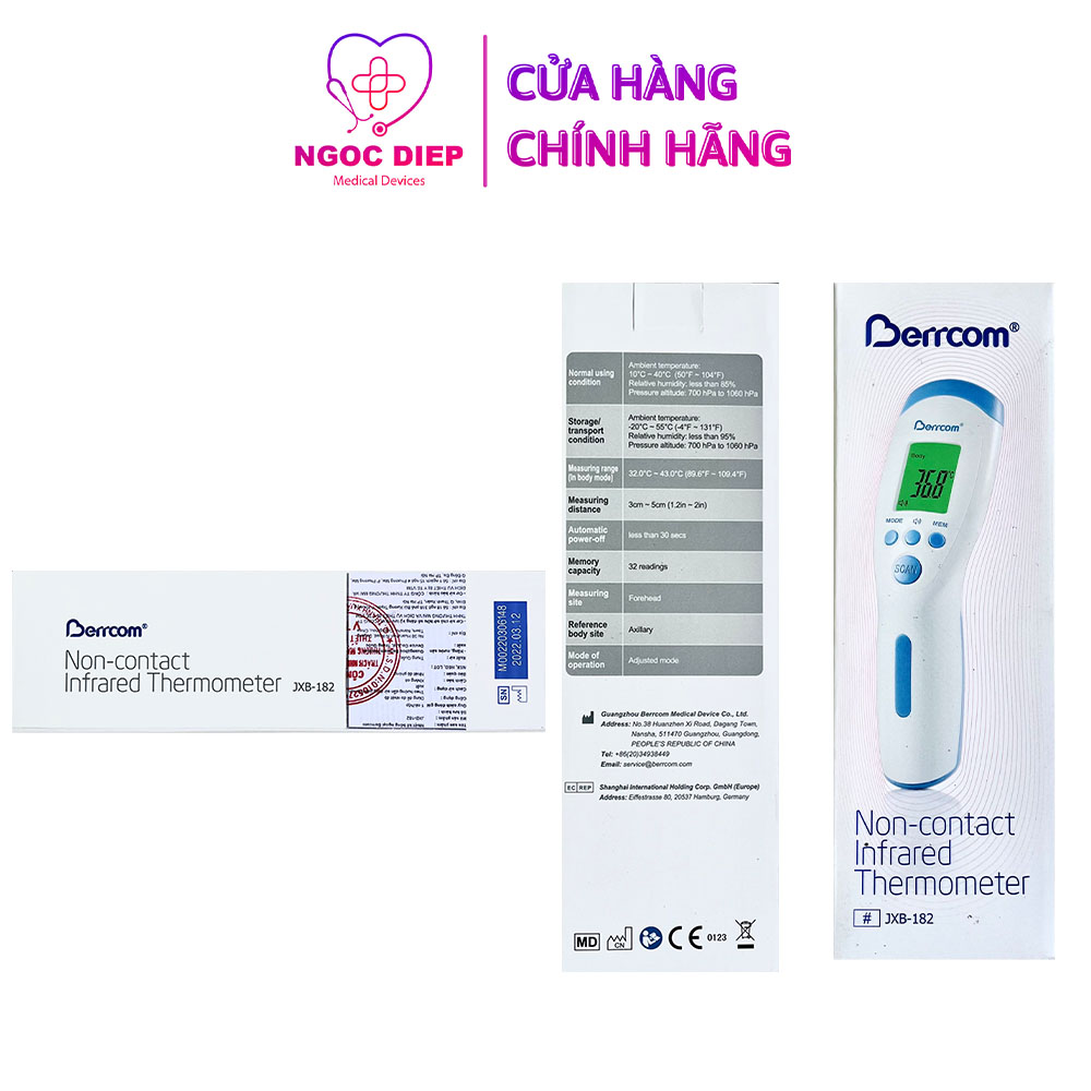 Nhiệt kế điện tử hồng ngoại BERRCOM JXB-182 - Súng bắn nhiệt độ đo trán - Hàng chính hãng