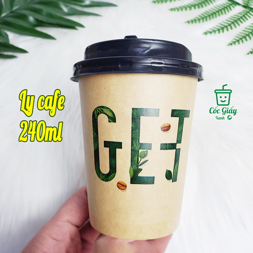 Set 50 CỐC GIẤY XANH CÓ NẮP 240ml In Chữ GET Màu Nâu Cafe Siêu Đẹp, Lịch Sự