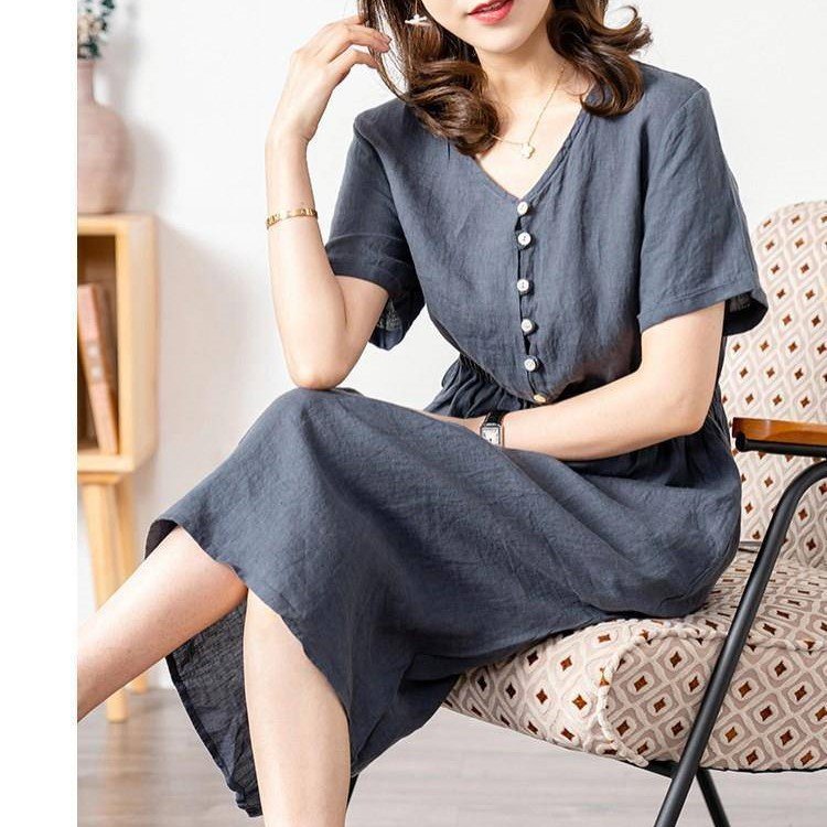 Đầm linen nữ thiết kế cổ V sang trọng, đầm midi tôn dáng, thời trang nữ xuân hè mẫu mới NH173 xám